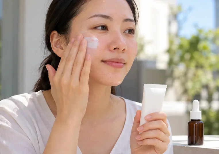 Woman applying sunscreen near a bright window with an unbranded sunscreen tube in hand