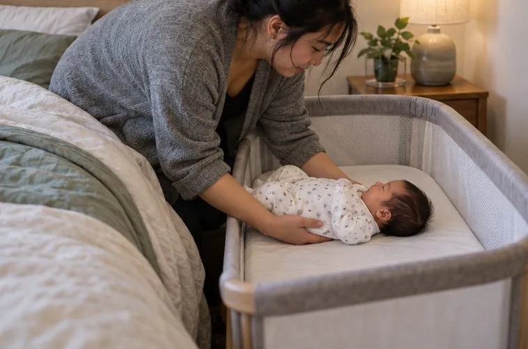 Une mère dépose délicatement son bébé sur le dos dans un berceau transparent placé à côté du lit.