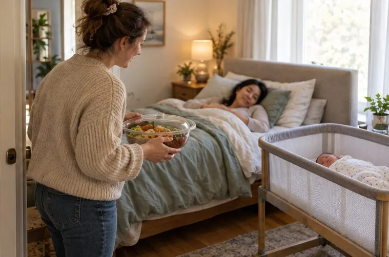 Une amie apporte un repas à une jeune maman qui se repose dans son lit, son bébé dormant sur le dos dans un berceau à proximité.