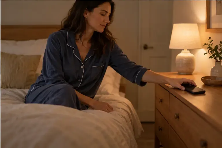 An adult places a phone on a dresser away from the bed in a softly lit room.