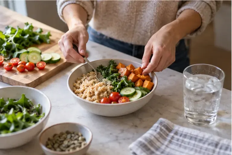 Hands prepare a simple bowl with vegetables and grains beside a glass of water.