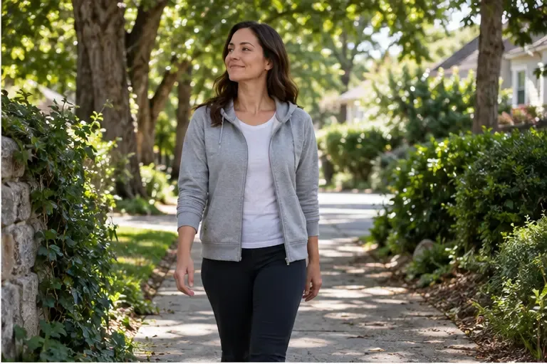 An adult takes an unhurried walk on a leafy neighborhood path.