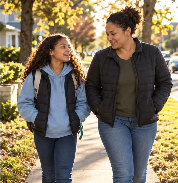 A parent and child walk side by side outdoors, talking and smiling together.