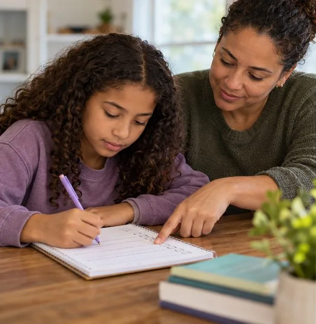 A child writes in a notebook while a parent sits beside them and points gently to the page.