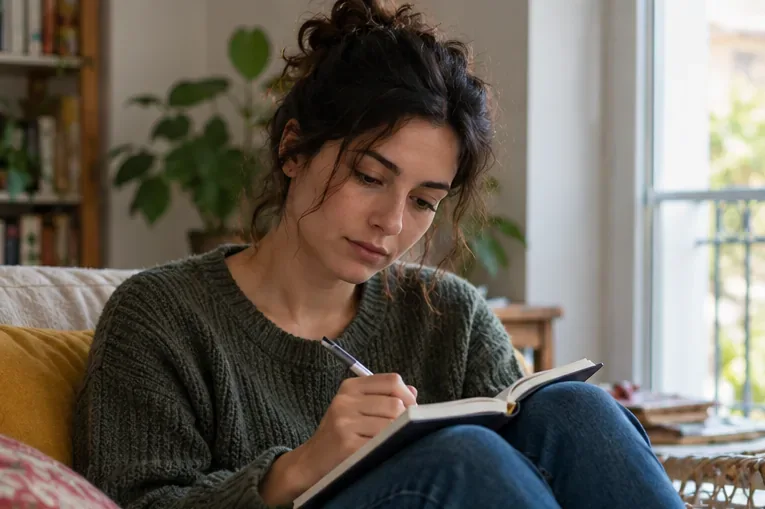 Une femme écrit quelques notes dans un carnet, assise chez elle près d’une fenêtre.