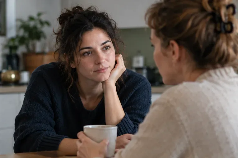Deux femmes échangent calmement autour d’une table, l’une écoutant l’autre.