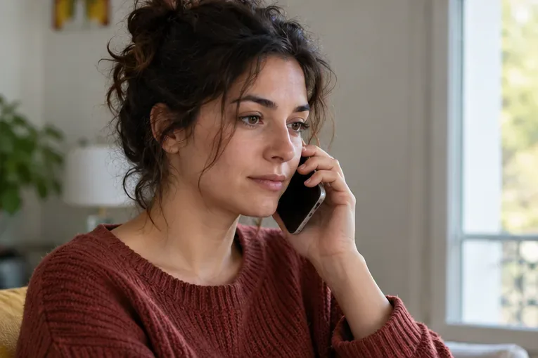 Une femme téléphone depuis une pièce calme, sans information lisible sur son téléphone.