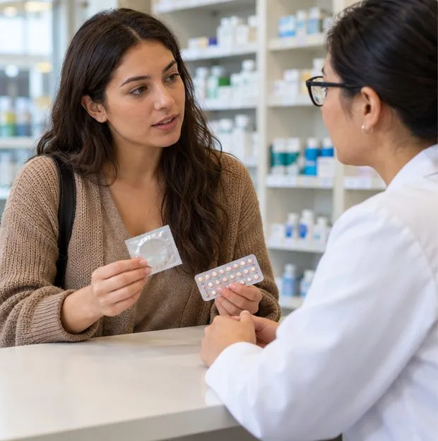 A woman discusses a pill pack and a condom with a pharmacist at a consultation counter.