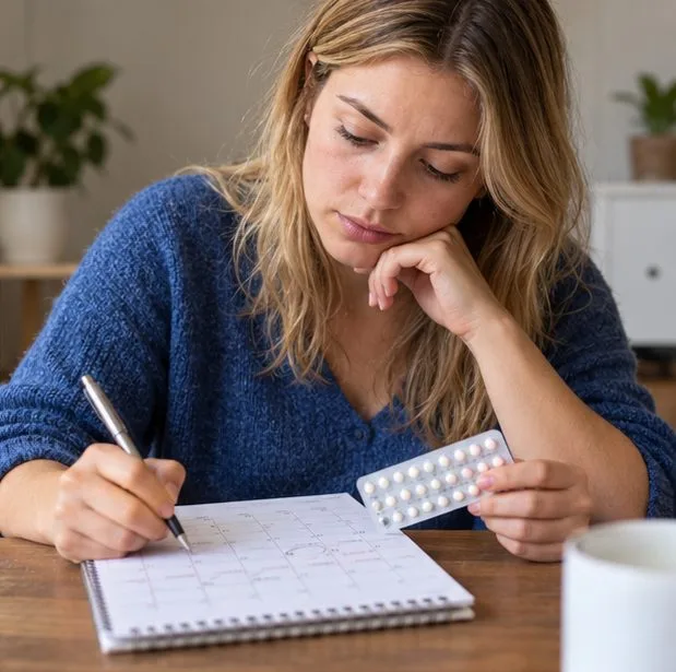 A woman writes on a calendar while holding a generic contraceptive blister pack.