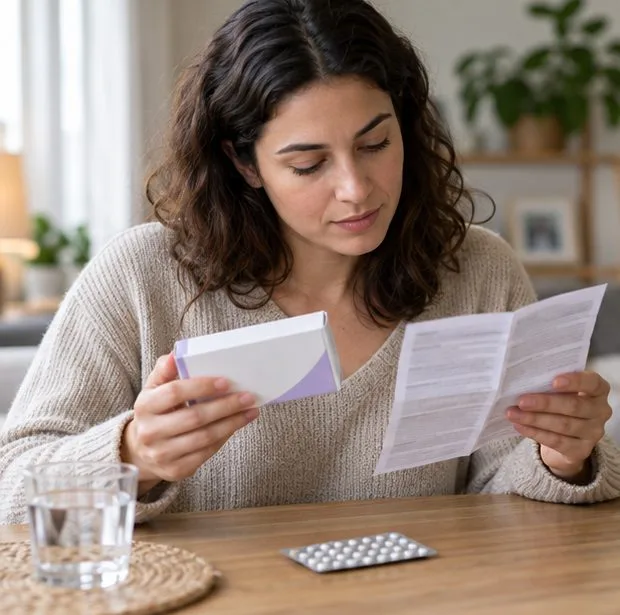 A woman reads the leaflet beside a generic contraceptive pill box and blister pack.
