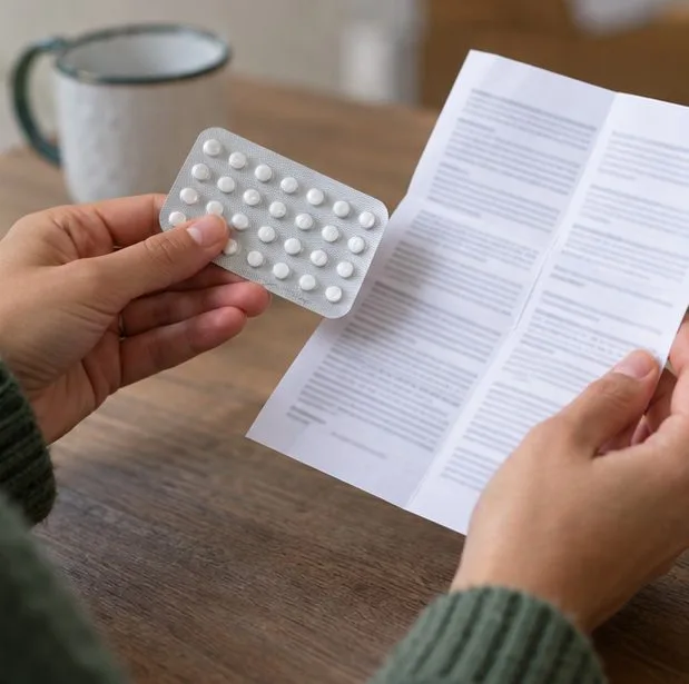 Hands compare a blister card with its folded medication leaflet.