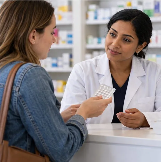 A woman checks one tablet beside a generic blister pack at a kitchen table.