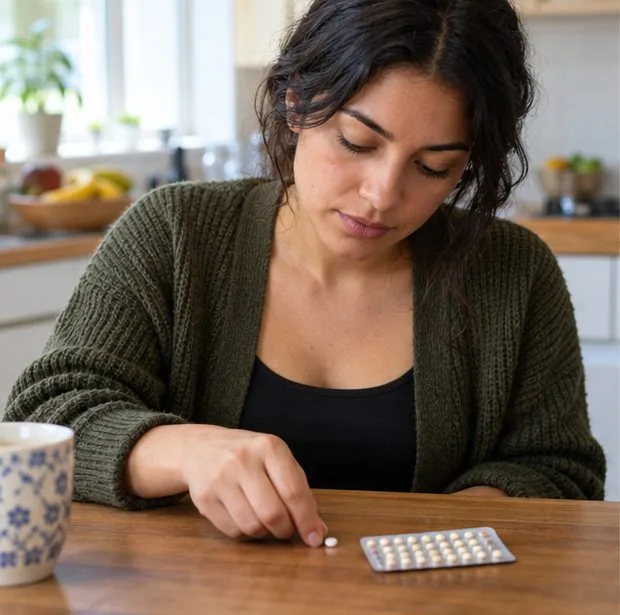 A woman points to one loose tablet beside a generic blister pack.