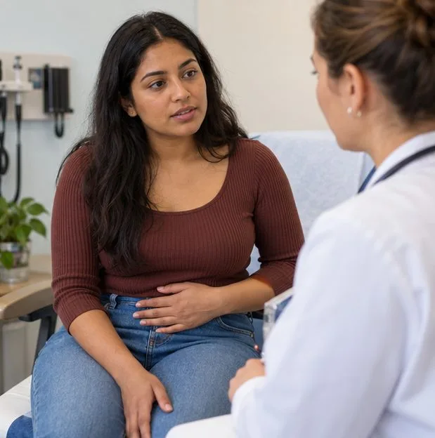A woman speaks with a clinician in an exam room with one hand resting on her lower abdomen.