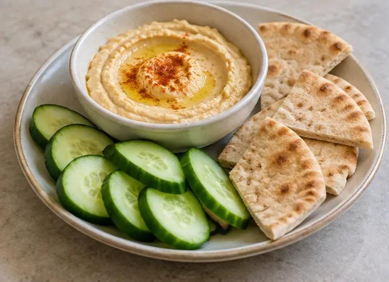 A bowl of hummus with cucumber slices and pita wedges, a small plant-protein snack.