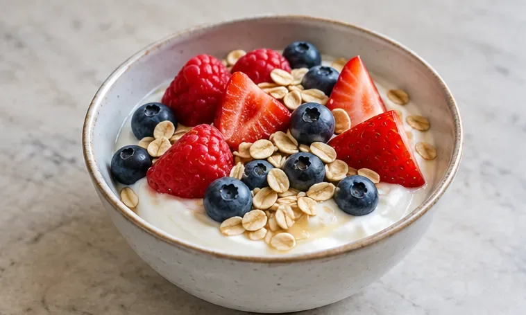 A bowl of yogurt topped with strawberries, blueberries, and oats, offering a cool protein option.