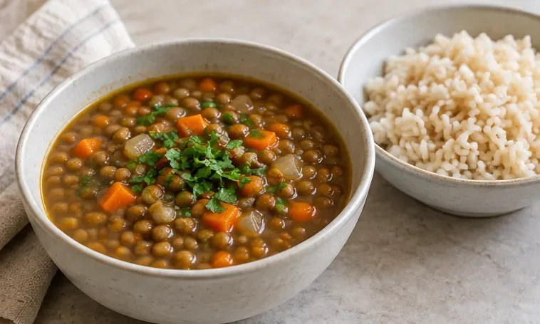 A mild bowl of lentil soup served beside rice, showing a plant-based protein meal.