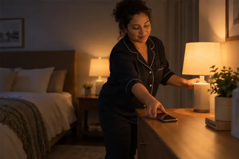 An adult places a phone on a dresser away from the bed in a softly lit bedroom.