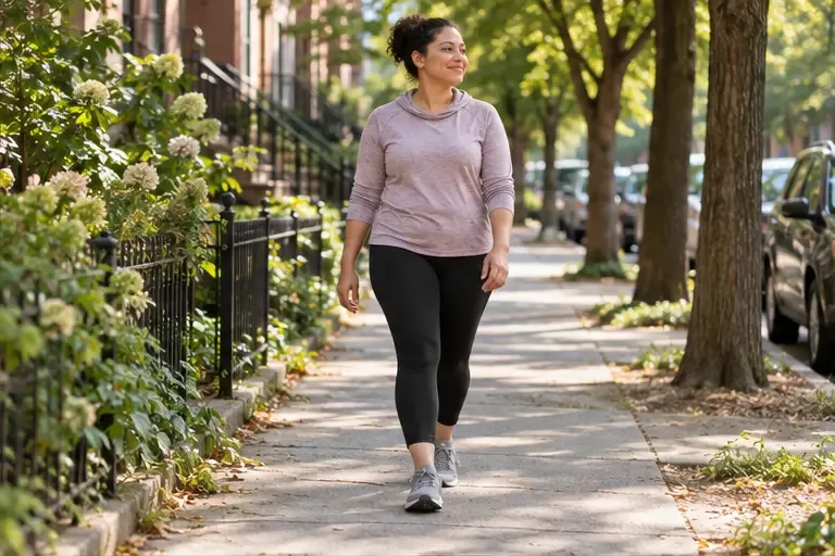 An adult takes a relaxed walk along a tree-lined neighborhood sidewalk.