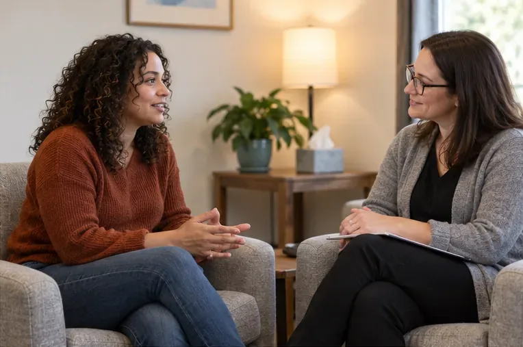 A woman speaks with a clinician who faces her and listens in a quiet consultation room.