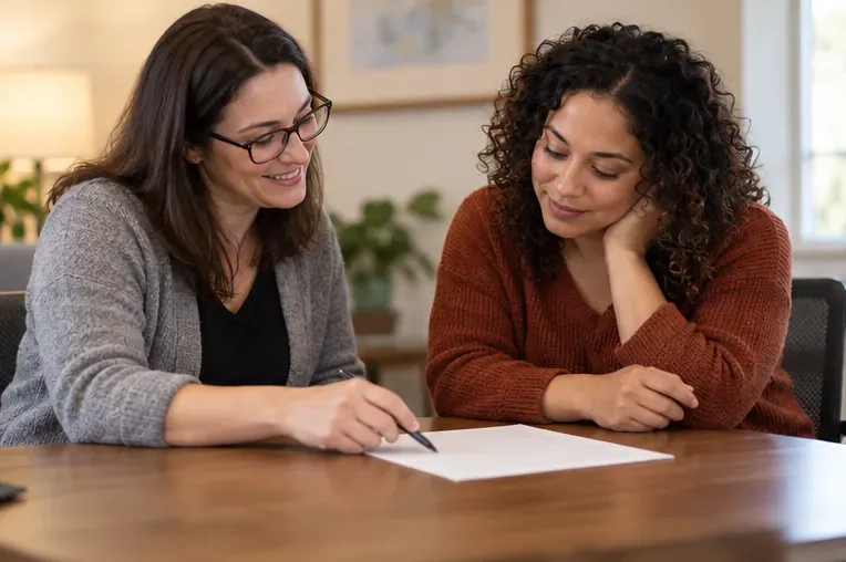 A clinician and a woman look together at a sheet of paper on a table.