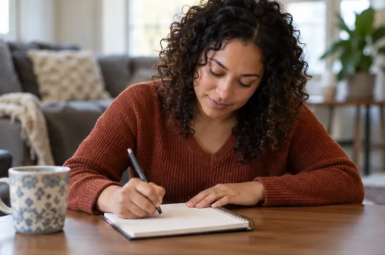 A woman writes in a notebook at her kitchen table before a mental health appointment.