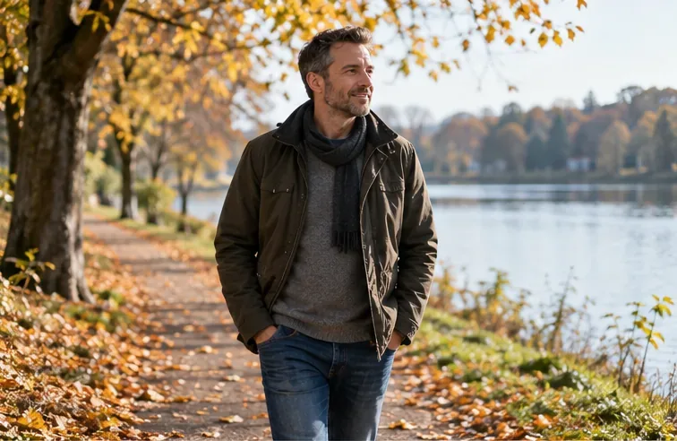 Ein Mann geht an einem herbstlichen Morgen auf einem Weg im Freien spazieren.