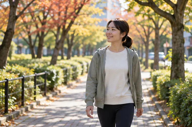 紅葉した公園の明るい時間帯に歩いている女性